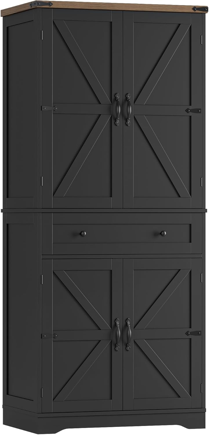 HOSTACK 71" Tall Pantry Cabinet, Farmhouse Kitchen Pantry with Storage Shelves, Barn Doors Food Storage Cabinet, Freestanding Kitchen Hutch with Large Drawer for Dining Room, Living Room, Black