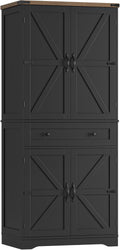 HOSTACK 71" Tall Pantry Cabinet, Farmhouse Kitchen Pantry with Storage Shelves, Barn Doors Food Storage Cabinet, Freestanding Kitchen Hutch with Large Drawer for Dining Room, Living Room, Black