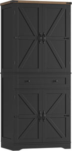 HOSTACK 71" Tall Pantry Cabinet, Farmhouse Kitchen Pantry with Storage Shelves, Barn Doors Food Storage Cabinet, Freestanding Kitchen Hutch with Large Drawer for Dining Room, Living Room, Black