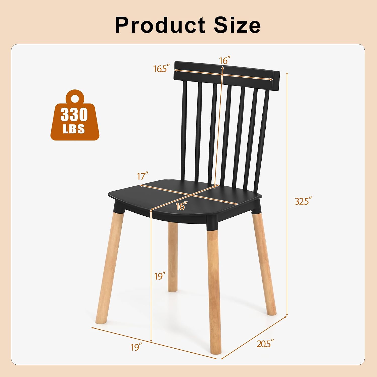 POWERSTONE Windsor Dining Chair Set of 4, Farmhouse Kitchen Chairs with Solid Wood Legs Spindle Dining Room Chair for Dining Living Room Restaurant Black