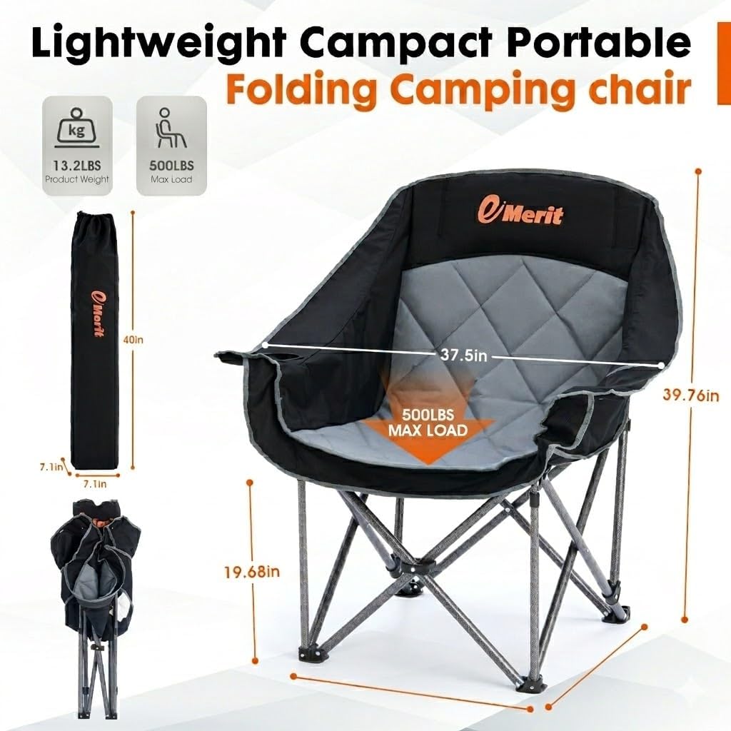 EMERIT 2 Pack Oversized Padded Camping Chairs, Heavy Duty 450 LBS Capacity Outdoor Folding Quad Chair with Cup Holder, Portable for Camping, Tailgating, Sports, Backyard & Patio, Black