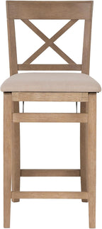 Linon Triena X Back Neutral Greywash Wooden Fully Assembled Folding 24 Inch Seat Height Counter Stool with Beige Upholstered Seat