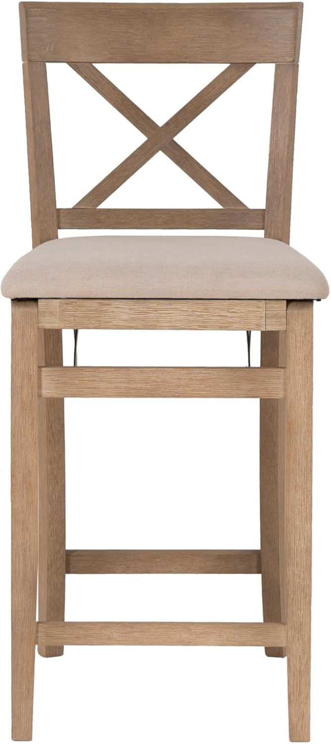 Linon Triena X Back Neutral Greywash Wooden Fully Assembled Folding 24 Inch Seat Height Counter Stool with Beige Upholstered Seat
