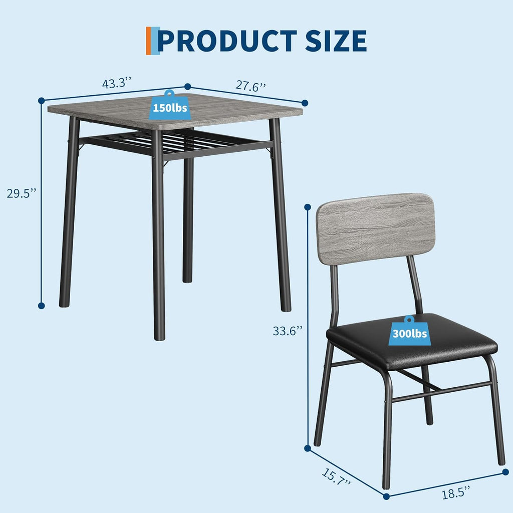 IDEALHOUSE Small Dining Table Set for 2, 3-Piece Dining Set with Storage Rack, Wood Kitchen Table with Upholstered Chairs, Square Table Set with Metal Legs Support, for Dining Room, Living Room, Grey