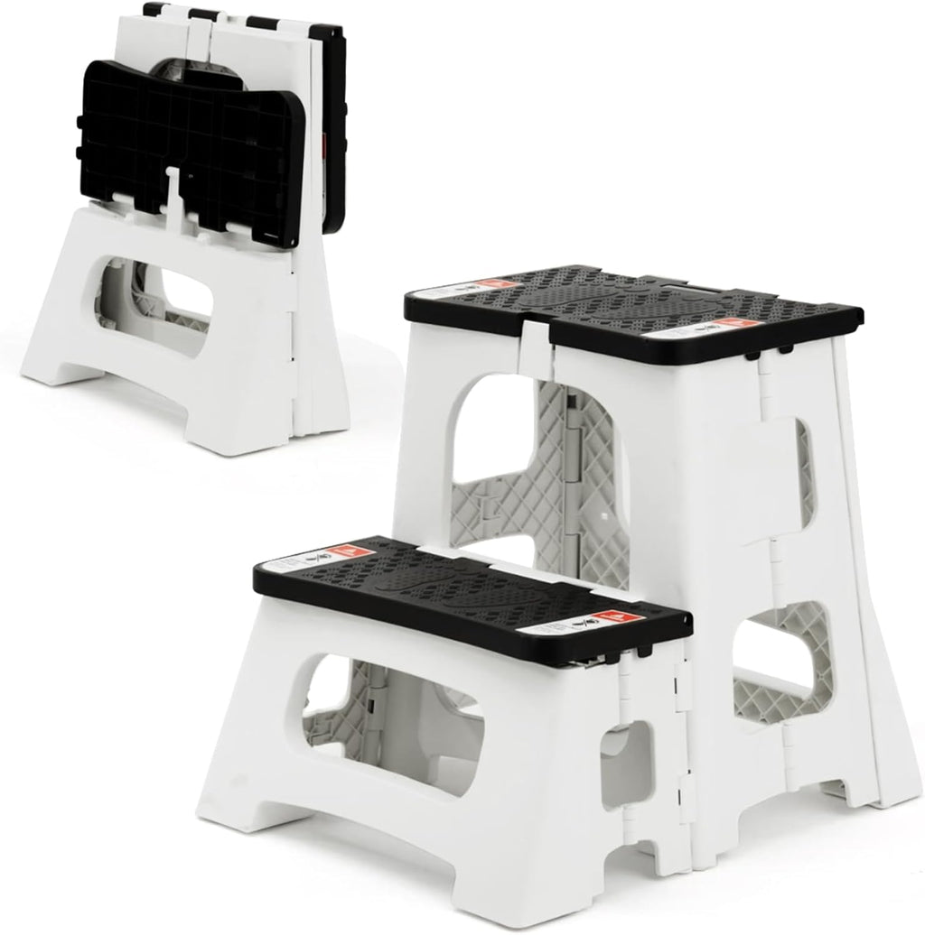 Folding Step Stool, 2-Step 8" 17", Non-Slip, 300lb Capacity | No Assembly, Stable A-Frame, Safety Lock, Anti-Slip Rubber Feet, Collapsible Stool for Kitchen Bathroom Bed RV Offic Garden