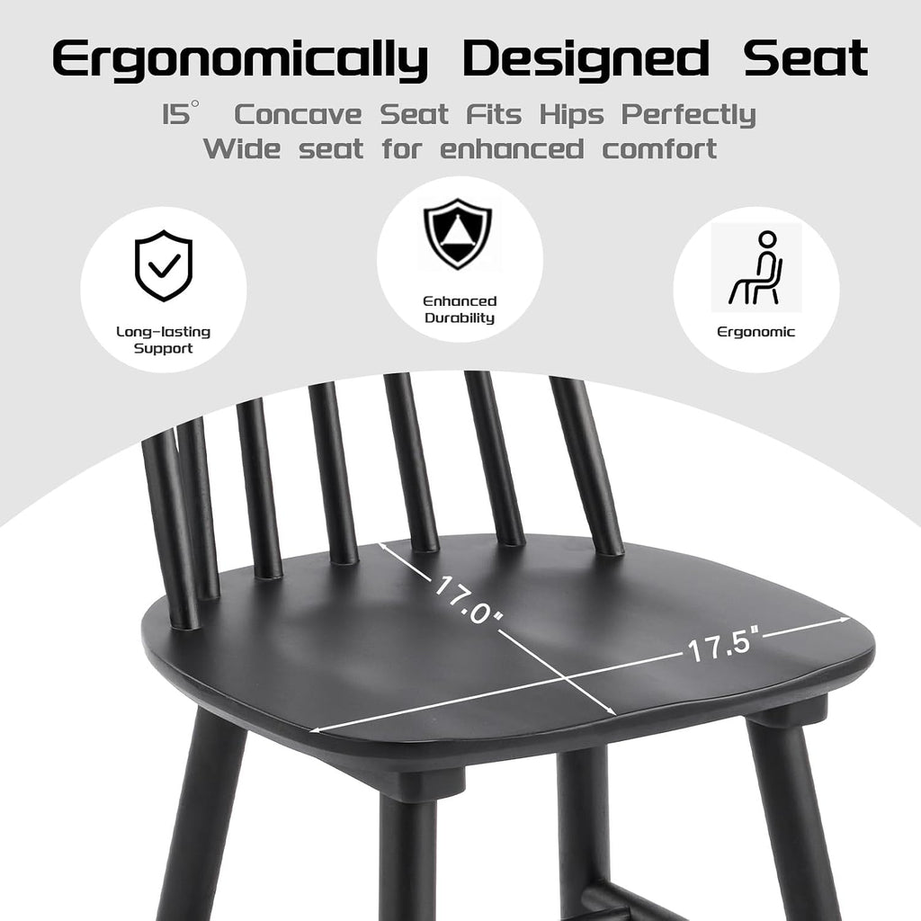 Black Dining Chairs Set of 6, Farmhouse Windsor Spindle Back | 17.5" Wide Seat, Solid Wood, Armless Design, Mid Century Modern, Kitchen & Dining Room Chairs, Easy Assembly