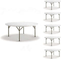 6-Pack 72-Inch Round Plastic Folding Tables, Bulk 6ft Heavy-Duty Commercial Grade Banquet Tables for Events & Weddings, Granite White with Sage Gray Legs
