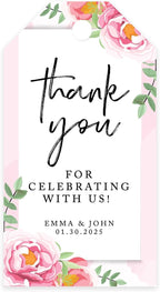Andaz Press 100-Pack Personalized Thank You Tags with Bakers Twine, Pink Peonies Custom Cardstock Wedding Gift Tags 2 x 3.75-Inches