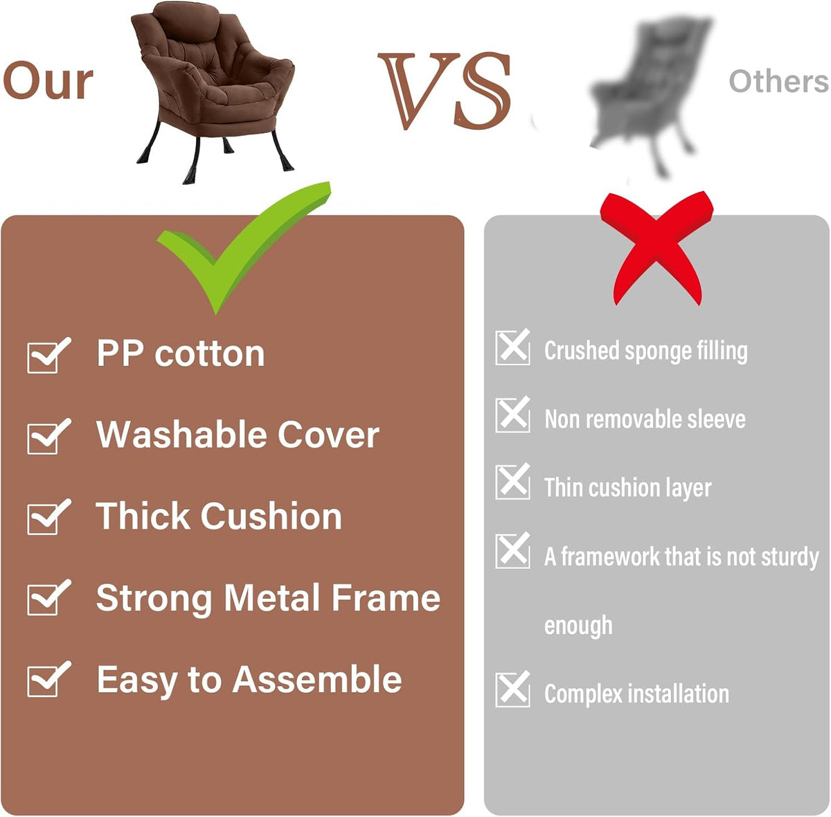 Furlide Lazy Chair for Living Room, Modern Accent Chairs with Armrests, Dark Brown Armchairs with Side Pocket, Cozy Lazy Sofa for Reading, Balcony, Bedroom, Dorm, Small Spaces