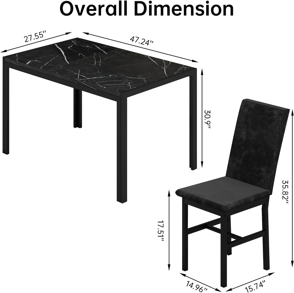 AWQM Products 5-Piece Marble Dining Set, Modern Kitchen Table and Chairs for Dining Room, Compact Space Saving Furniture, Dinette, 4 Upholstered Velvet Chairs - Black