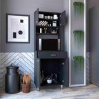 Pantry Cabinet 67" H, Four Doors, One Drawer, Three Internal Shelves, 2 External Storage Shelves, Microwave Storage Option, Four Legs, Black