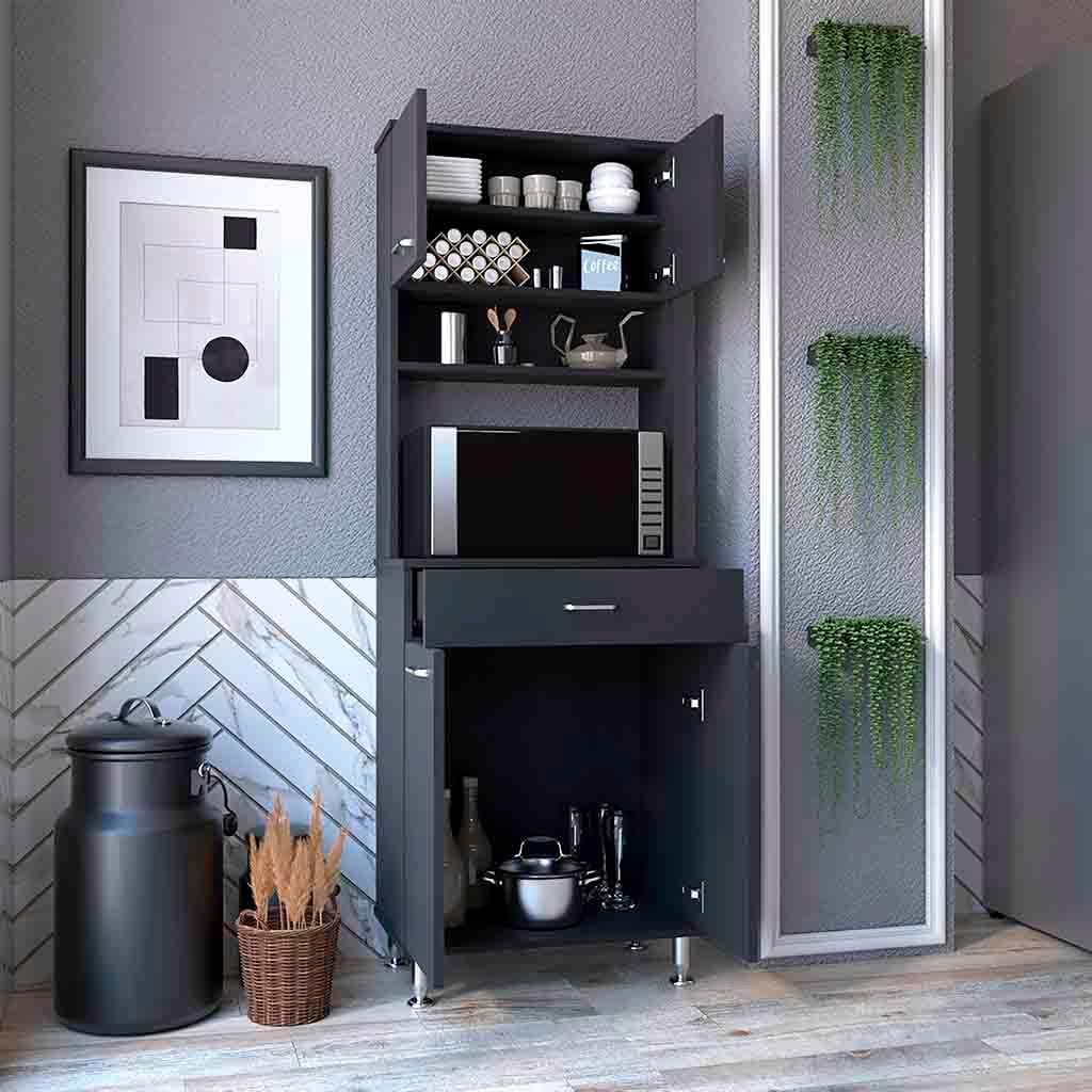 Pantry Cabinet 67" H, Four Doors, One Drawer, Three Internal Shelves, 2 External Storage Shelves, Microwave Storage Option, Four Legs, Black