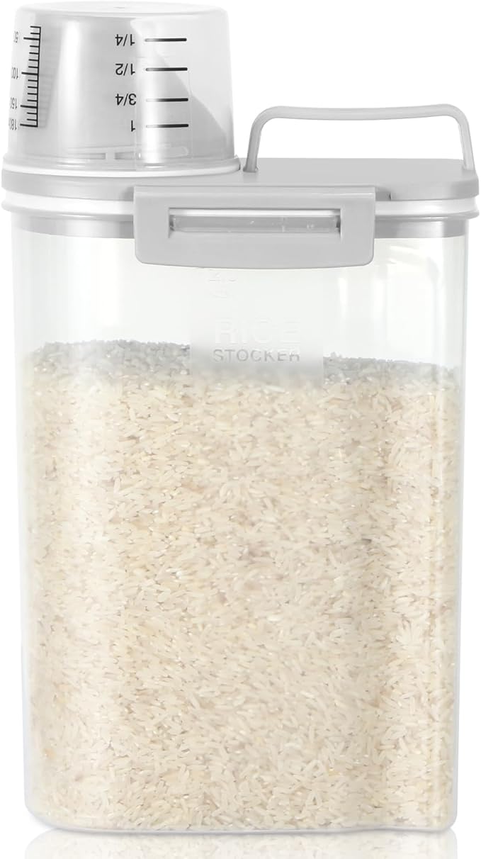 TBMax Rice Storage container 4 Lbs, Small Rice Dispenser with Measuring Cup, Grey Cereal Containers Flour Bin, Kitchen Food Storage Container and Pantry Organizers, Pet Dog Cat Food Dispenser