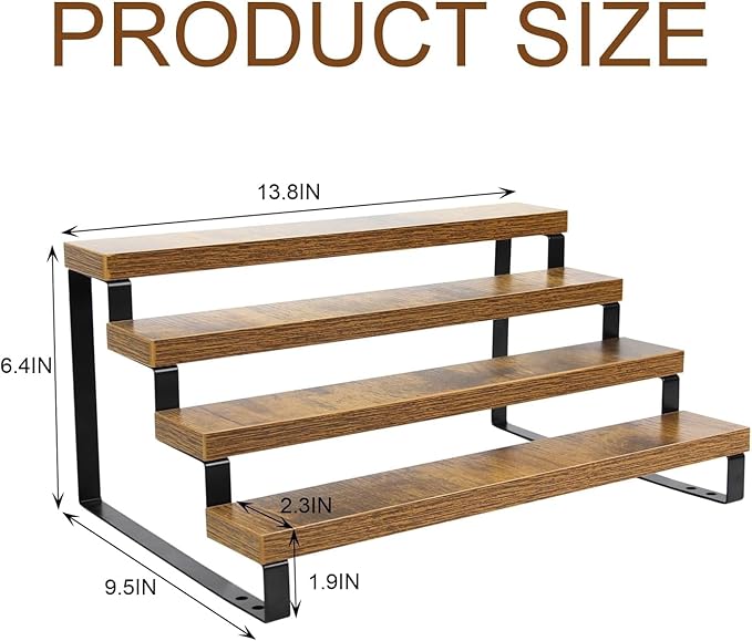 4-Tier Wooden Display Riser Shelf Stand for, Makeup, Cupcake, Condiment & Dolls Collection Home Decor Organizer, Expandable for Pantry/Counter (Brown, 4-Tier)