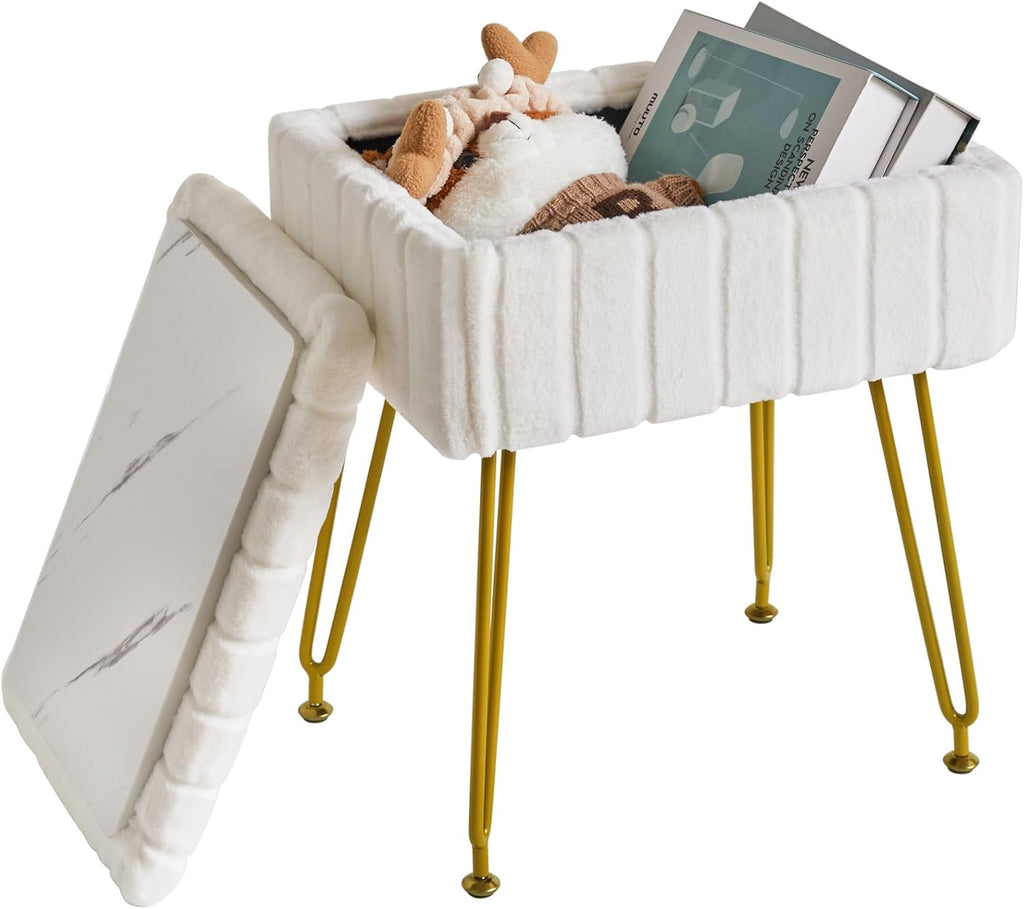 IBUYKE Vanity Chair with Storage, Faux Fur Footrest Ottoman, White LG-50W | Small Side Table Vanity Stool Makeup Room Bedroom Anti-Slip Feet