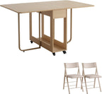 Folding Dining Chairs and Table Set, Space-Saving Dining Table and 2 Padded Steel Frame Folding Chairs(Wood), Drop Leaf Dining Table with Extra Large Storage Space and 2 Drawers