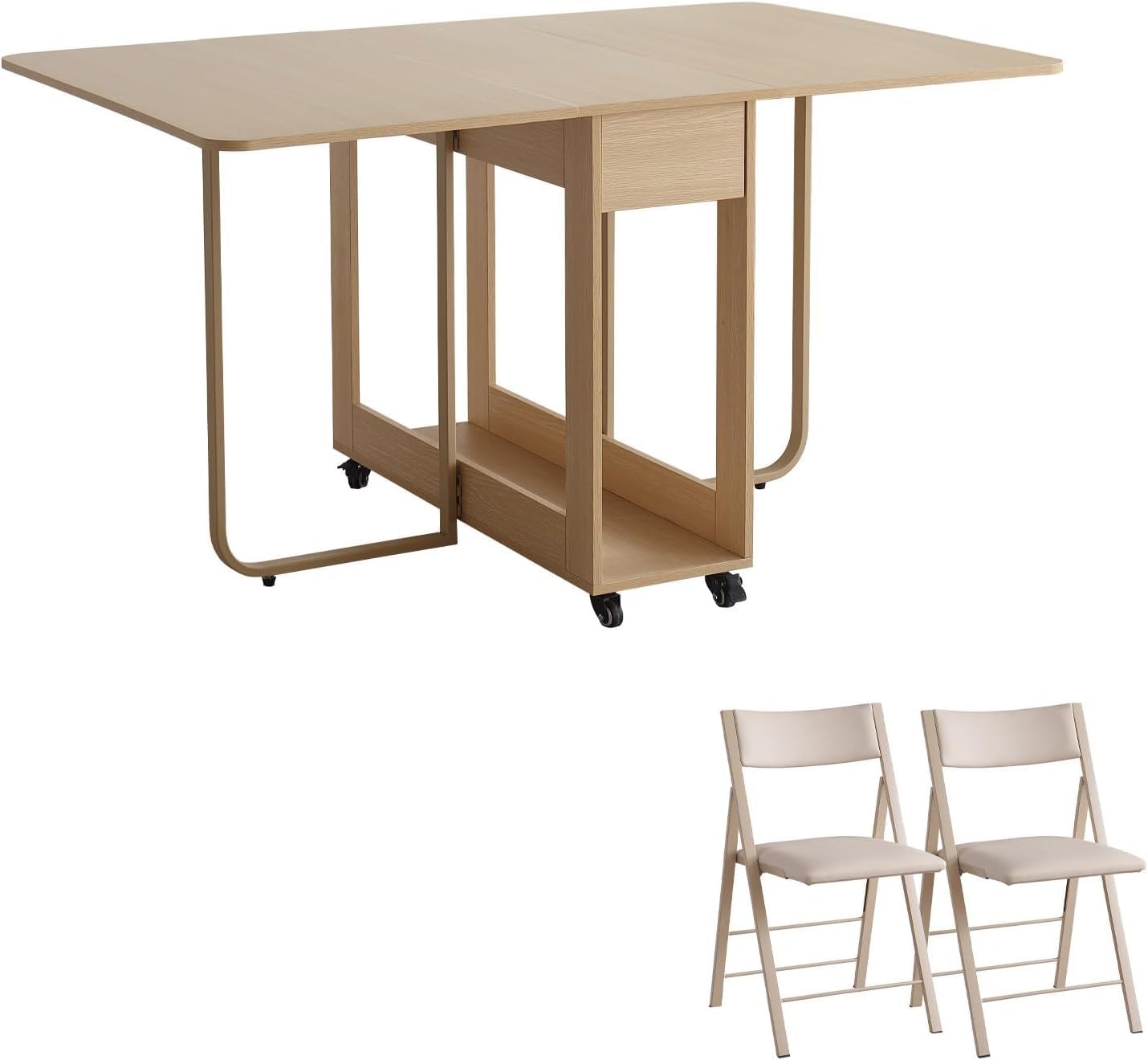 Folding Dining Chairs and Table Set, Space-Saving Dining Table and 2 Padded Steel Frame Folding Chairs(Wood), Drop Leaf Dining Table with Extra Large Storage Space and 2 Drawers