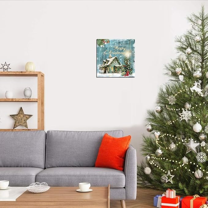Christmas Tree Wall Art Decor Romantic Winter Snow Home Canvas Prints Poster Xmas Tree Painting Merry Christmas Sign for Home Garden Living Room Bedroom Bathroom Holiday Decoration Gifts 12x12inch