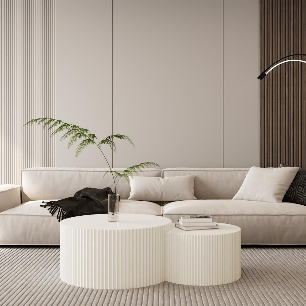 Brilluxa Nesting Coffee Table Set of 2, Vertical Stripe Design, Beige | Two-Piece Nesting Tables with Vertical Stripe Detailing for Living Rooms and Bedrooms
