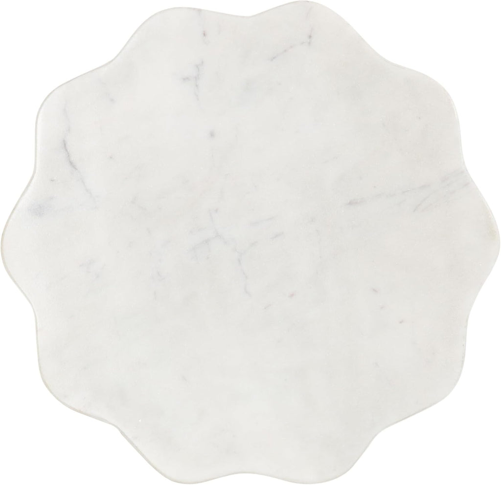 Kate and Laurel Sanzo Modern Pedestal Drink Table, 10 x 10 x 23, White Marble and Silver, Decorative End Table with Scalloped Marble Tabletop for Use as Small Plant Stand or Cute Martini Table