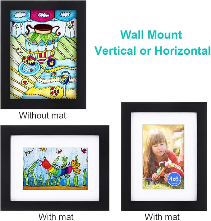 RPJC 6x8 inch Picture Frame Made of Solid Wood and High Definition Glass Display Pictures 4x6 with Mat or 6x8 Without Mat for Wall Mounting Photo Frame Black