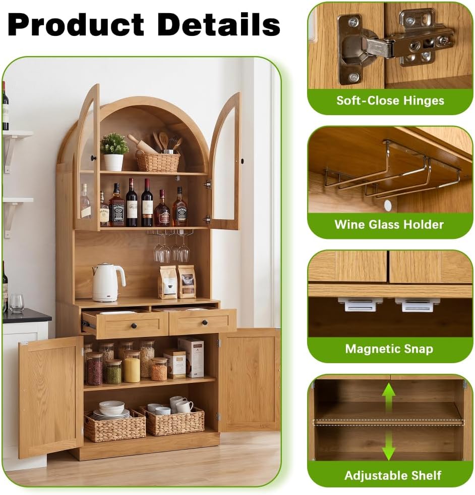 75" Farmhouse Tall Arched Pantry Cabinet with Charging Station, Adjustable Shelves, Coffee Bar Open Countertop, Oak (Oak + MDF)