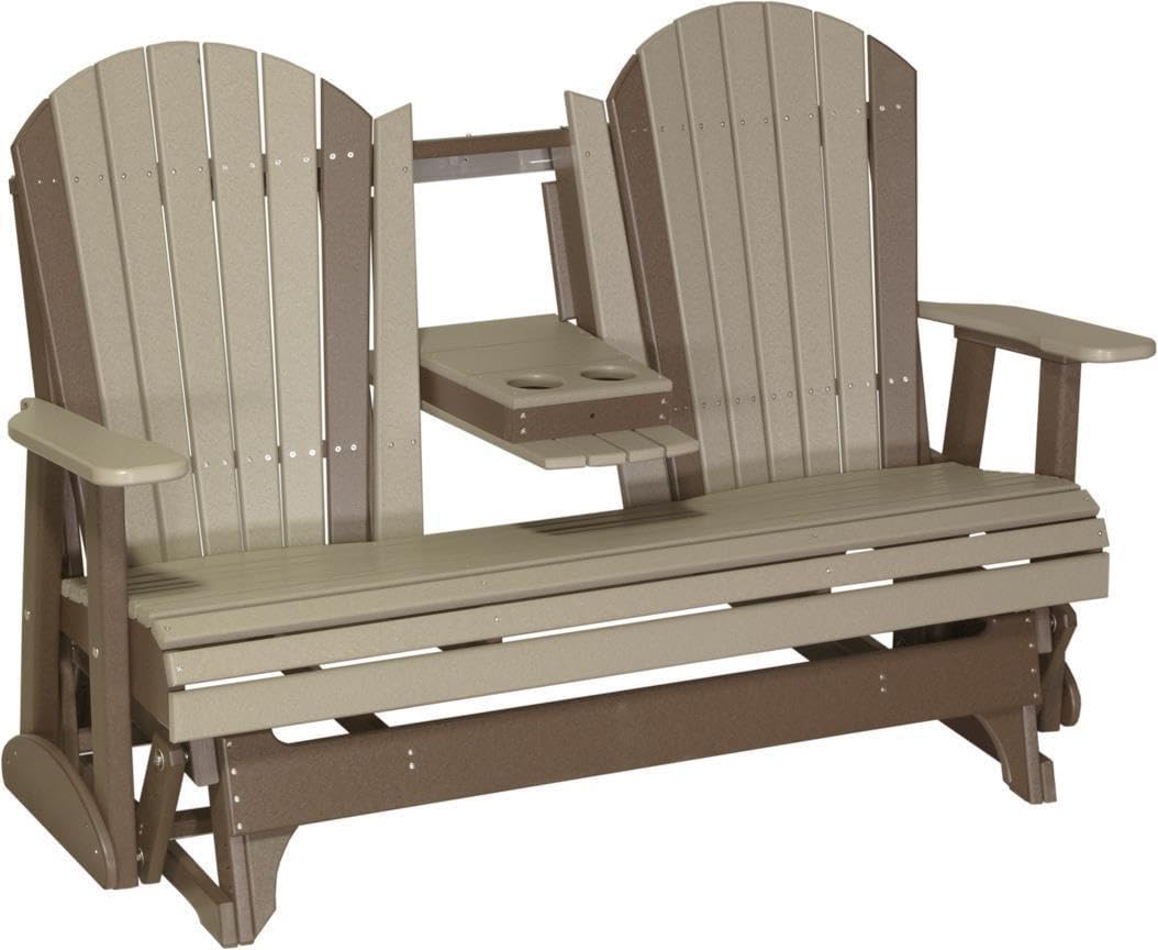 LuxCraft 5' Adirondack Glider with fold Down Console (Weatherwood on Chestnut Brown)