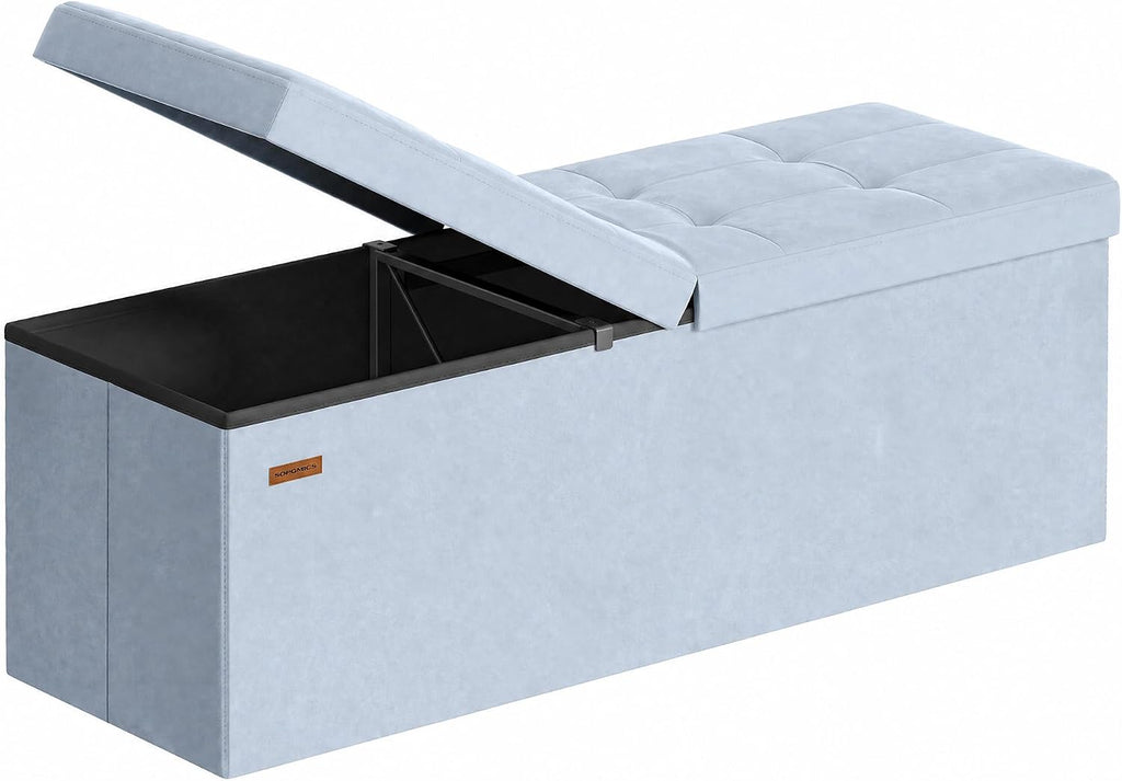 SONGMICS Foldable Storage Ottoman with Flipping Lid, 43.3 Inch Velvet Bench | Coffee Table, Folding Storage Bench for Bedroom, Entryway Shoe Bench, Pale Blue, MINOTA Collection ULSF078QQ03