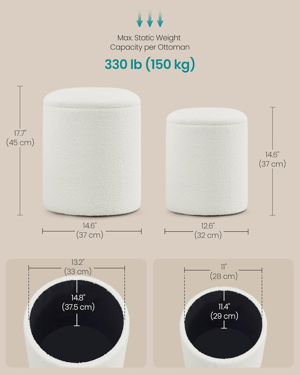 SONGMICS Vanity Stool, Set of 2, Round Storage Ottoman, Teddy Fleece | Small Coffee Table, Removable Lid, Easy Assembly, for Living Room, Bedroom, Cream White, ISLAND Collection ULOM013WD01