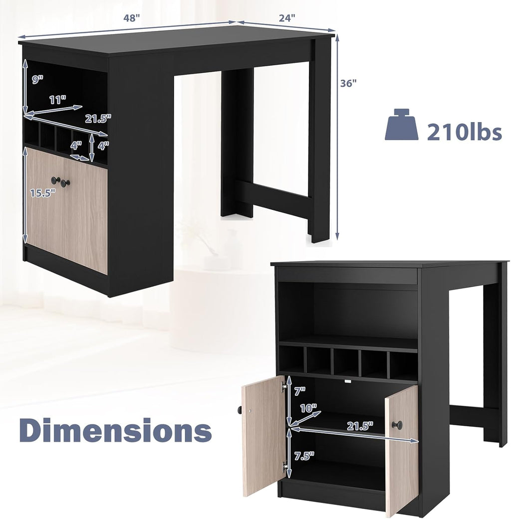 Giantex 48" Dining Table, Counter Height Bar Table with Storage Cabinet, Wine Rack, Compartment & Adjustable Shelf, Modern Bistro Tables for Home, Coffee Shop, Kitchen, Pub, Black & Gray