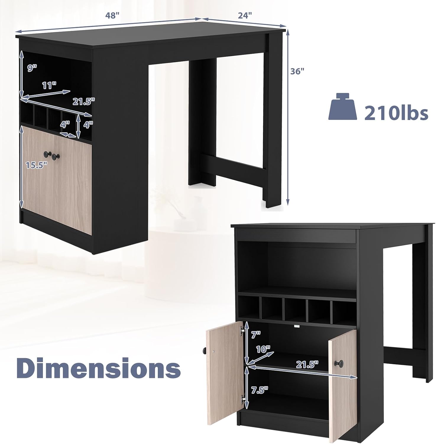 Giantex 48" Dining Table, Counter Height Bar Table with Storage Cabinet, Wine Rack, Compartment & Adjustable Shelf, Modern Bistro Tables for Home, Coffee Shop, Kitchen, Pub, Black & Gray