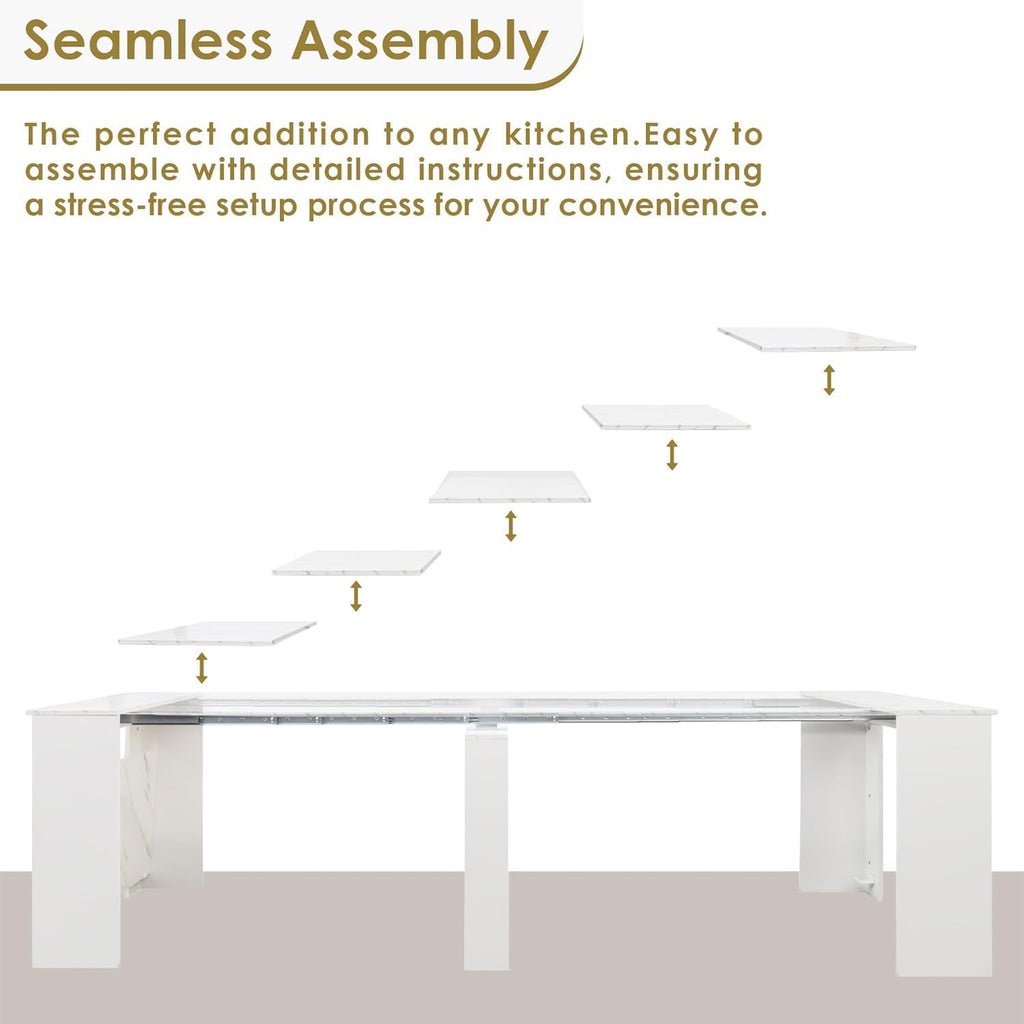 Extendable Dining Table, Transformer Console Table for 1-12 People, Folding Space Saving Dining Room Table for Homes, Apartments, Marble White