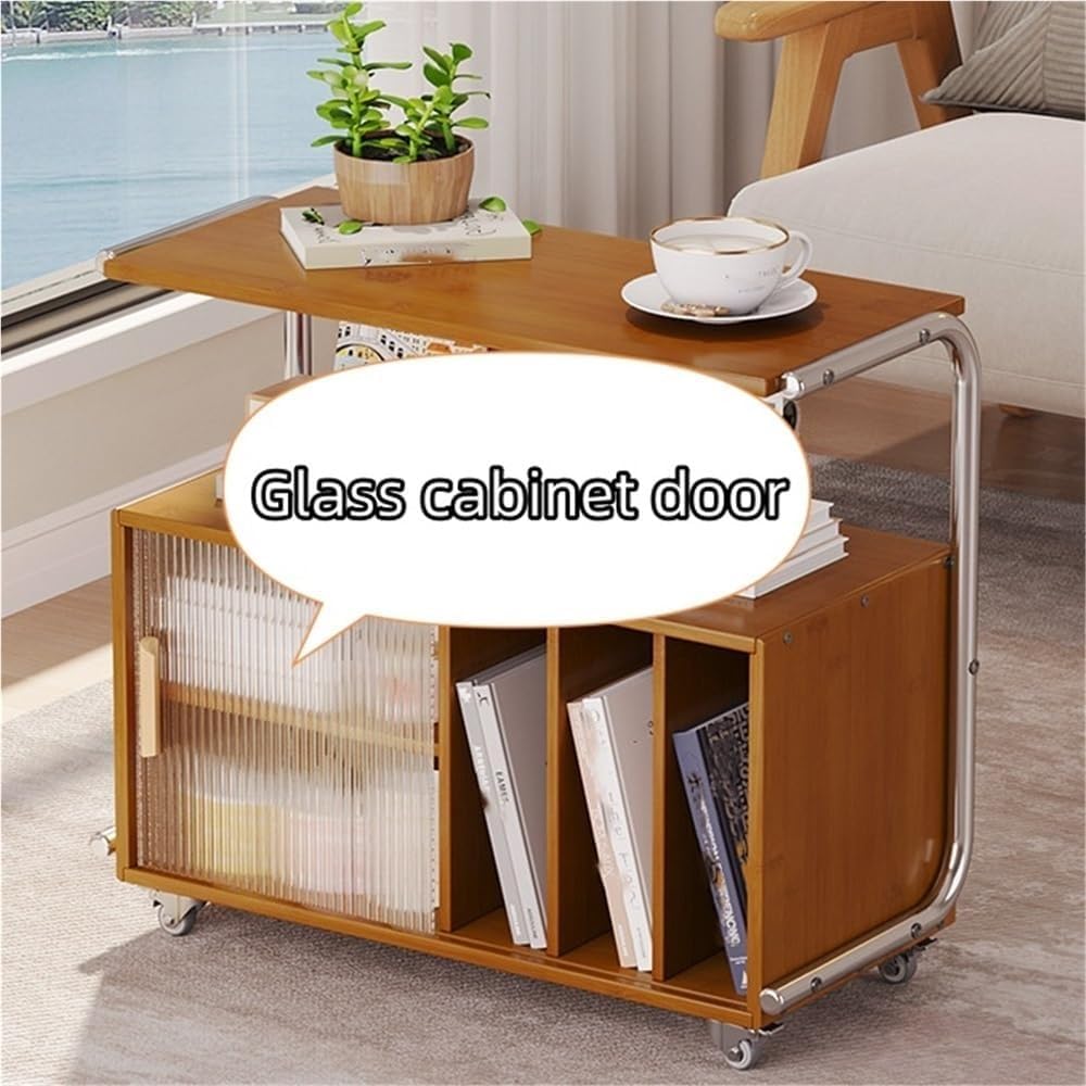 Modern Rolling Side Table End Table with Storage 360° Rollers Movable Night Stand Utility Cart Corner Table for Living Room (Natural)