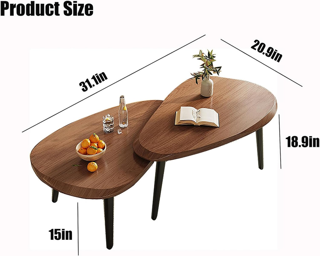 Nesting Coffee Tables Set of 2, Mid Century Modern Center Table,Wood Table top and Metal Support, Irregular Accent Table for Living Room