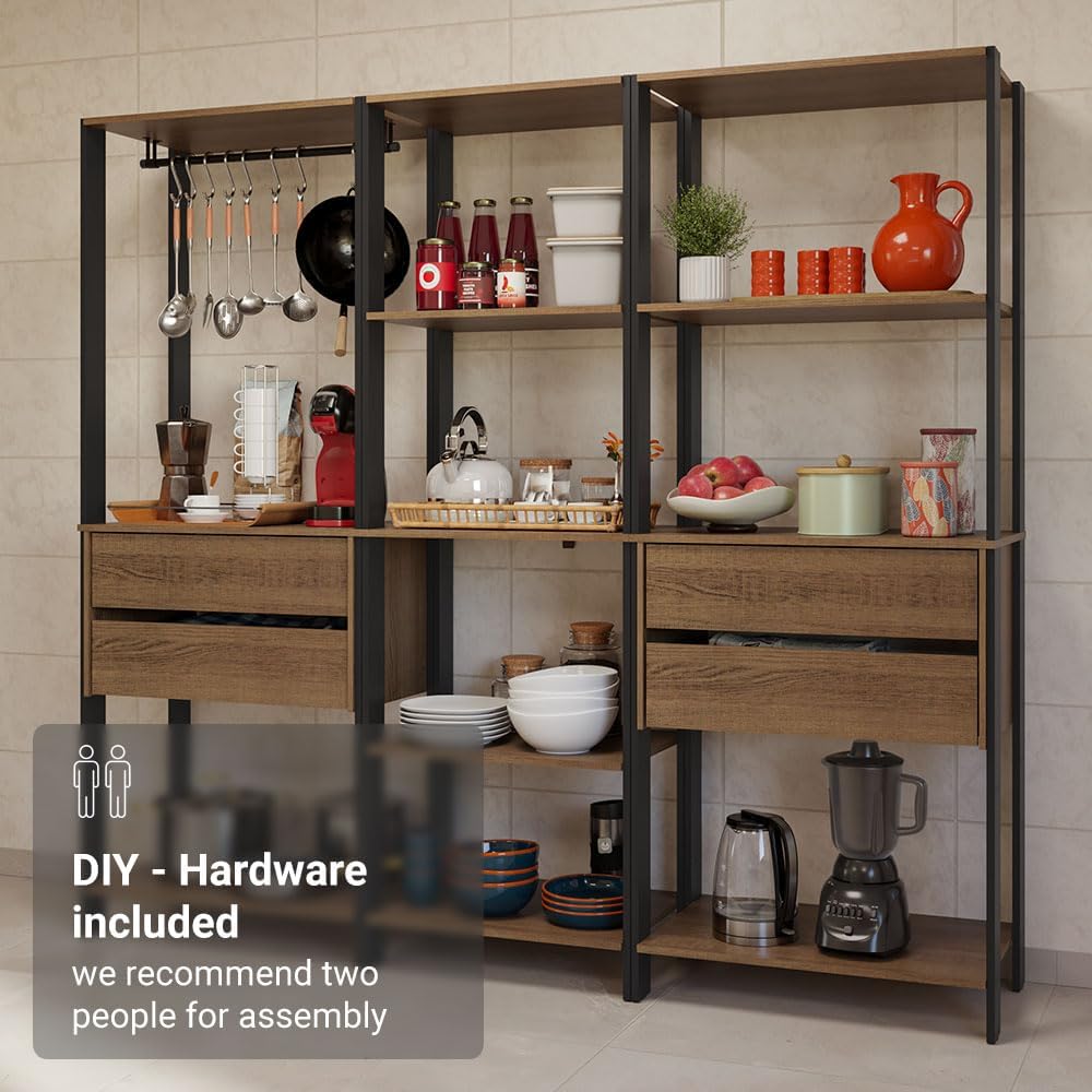 Madesa Kitchen Pantry Storage Rack with 4 Drawers, Open Shelves and Hanging Space 78" L Multiuse Modular Cabinet for Kitchen Organization - Black/Brown