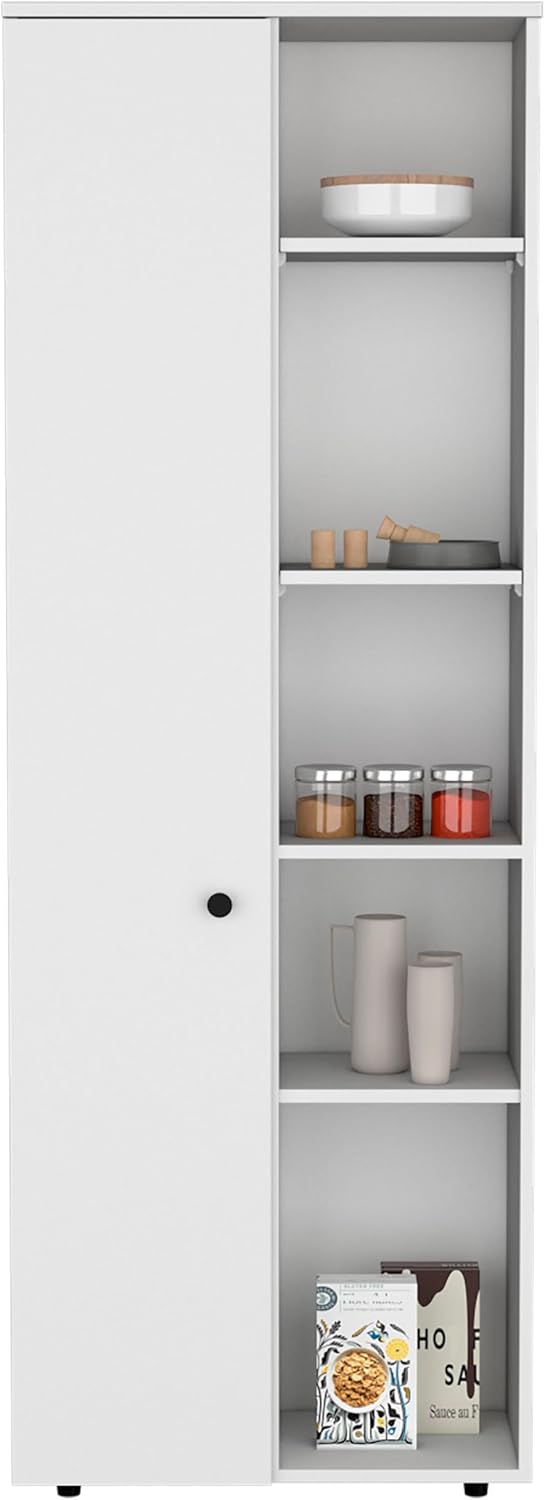 67" H Kitchen Storage Cabinet with One Door, Five Interior Shelves and Five Exterior Shelves,White