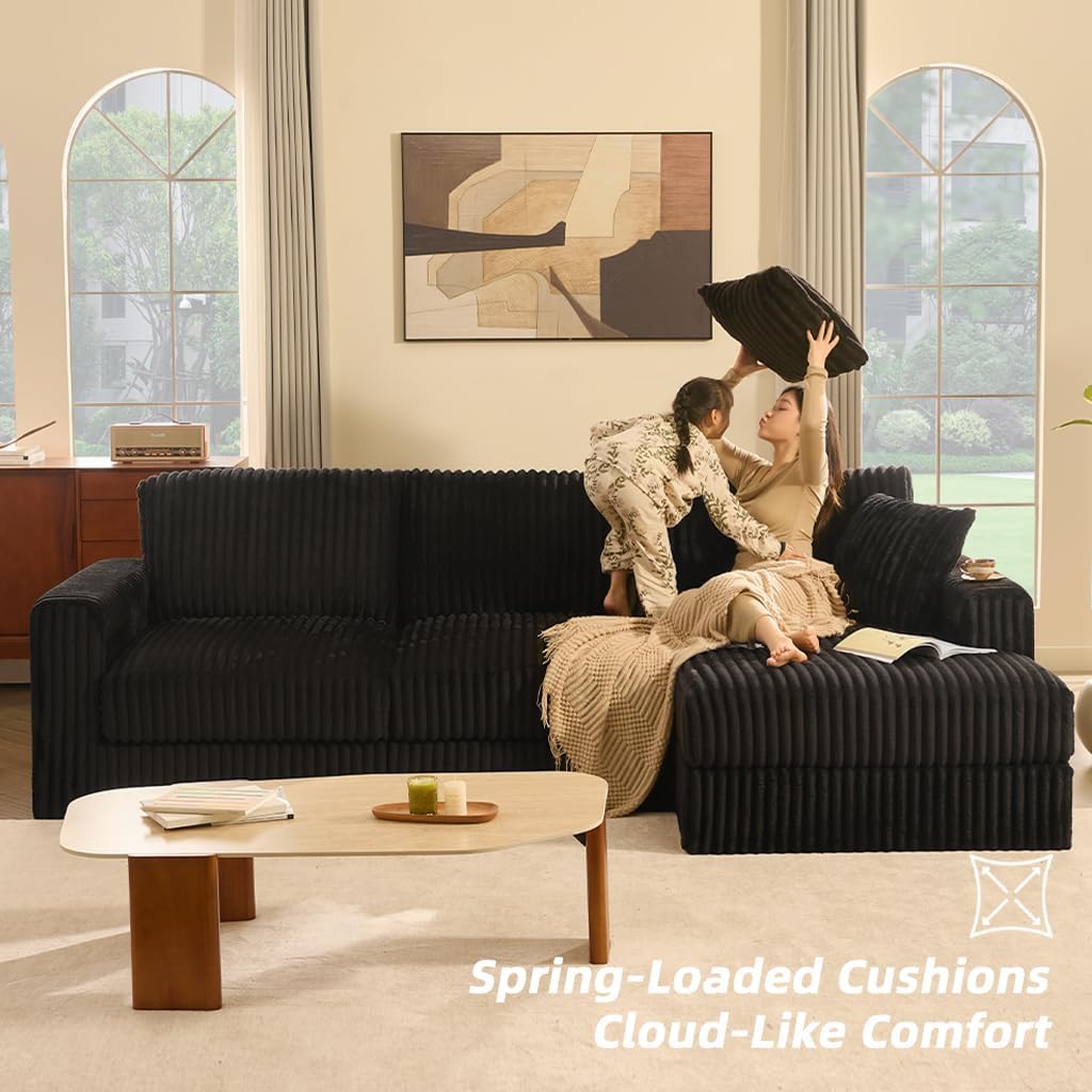 GOSUHI 113" L-Shaped Cloud Couch, Modular Sectional, Deep Seats, Black | Pocket Spring Cushions, Oversized 3-Seater, Right Facing Chaise, Corduroy Upholstery Couches for Living Room