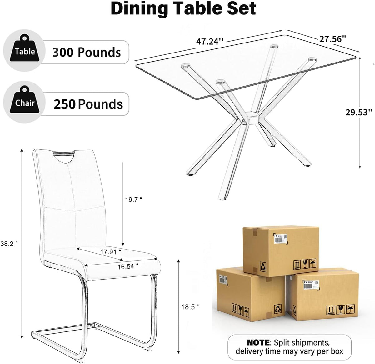 5-Piece 47" Dining Table with 4 PU Leather Chairs, Modern Dining Table Set for 4, Rectangle Kitchen Table with Golden Metal Legs for Dining Room, Kitchen(Black)
