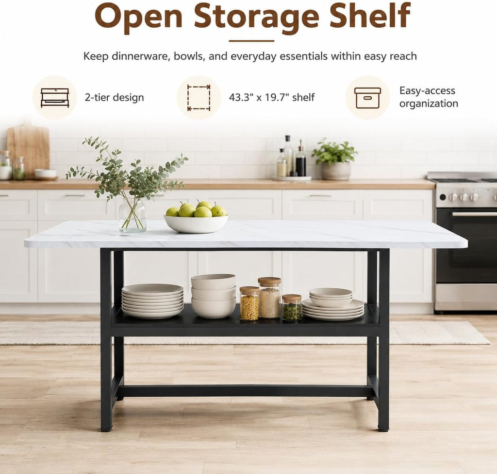 Dining Table for 6, 71" Rectangle Kitchen Table with Storage Shelf, Dinner Table Full White Faux Marble Top & Black Metal Frame for Dining Room Home Office – White