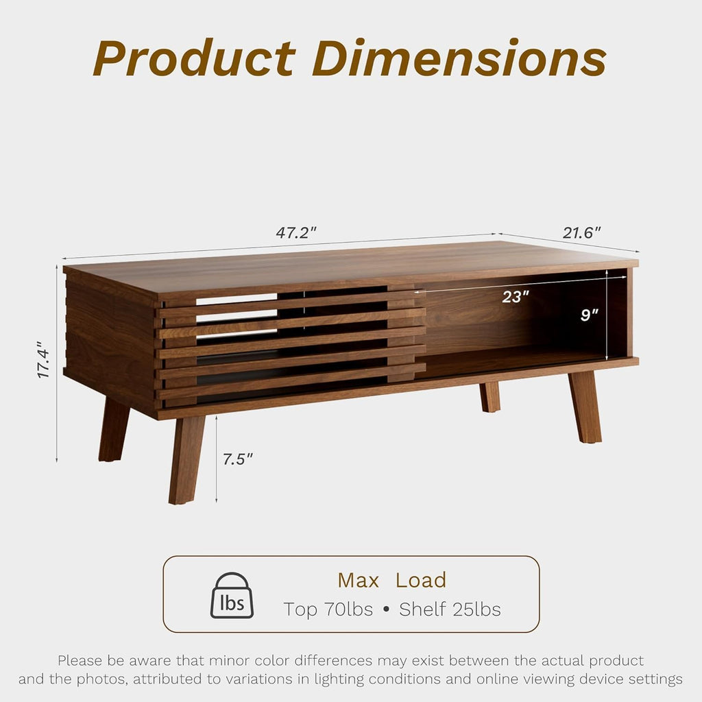 Furniway Mid Century Living Room Table Set of 4, Coffee Table, TV Stand and 2 End Tables with Sliding Door Storage, Walnut