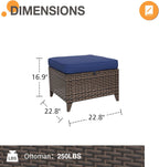 COOS BAY Harbor Retreat Wicker Outdoor Ottomans Set of 2, Patio Footrests with Removable Cushions for Couch, Deck, Backyard & Poolside, Brown/Blue