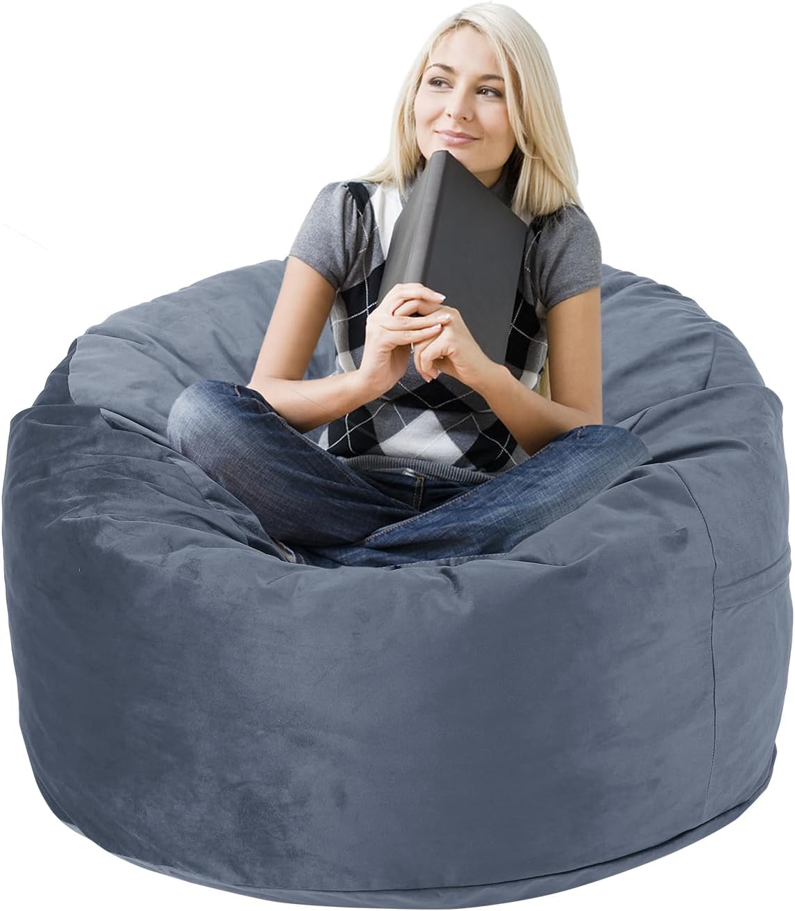 3 Feet Bean Bag Chair, Memory Foam Filled, Removable Cover, Bean Bag Chairs for Adults and Teens, Grey