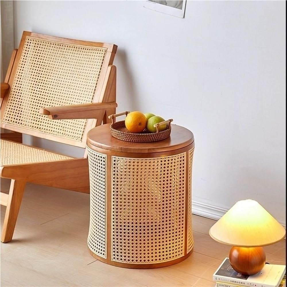 Round Wood Rattan Side Table Japanese Style Small Coffee Table with Storage Bohemian Vintage Balcony End Table for Living Room All Occasion(Natural)
