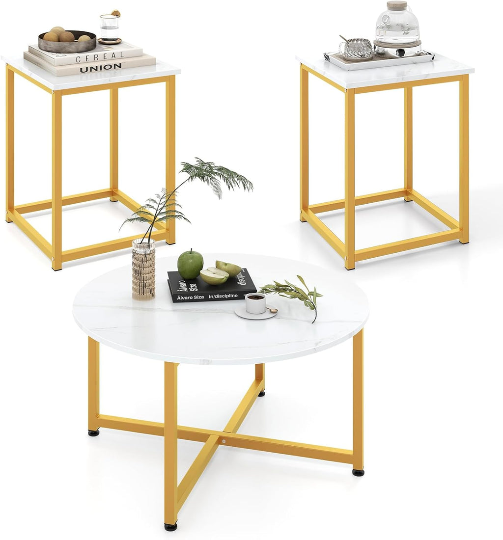 GIANTEX Round Nesting Table Set of 3, Wood Living Room Table Set, White | Modern Faux Marble Coffee Table w/2 End Tables, Sturdy Metal Frame, 3-Piece Coffee Table for Living Room