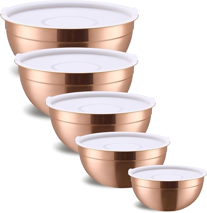 Rose Gold Mixing Bowls With Airtight Lids,Stainless Steel Bowl,Salad Bowls 5 Piece Colorful Nesting Bowl Rose Gold Kitchen Accessories,Size 5.5,3.6,2.7,2.1,1.5QT Stackable Design