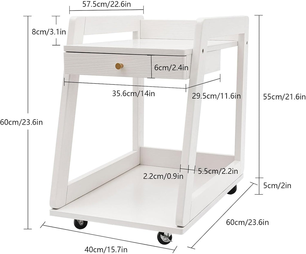 Wood End Table with Drawer, 2 Tiers Side Table with Open Storage Mobile Couch Table Floor Rolling Cart with Large Capacity White for Bathrooms Living Room Office