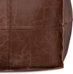 SIMPLIHOME Brody 26" Wide Genuine Leather Square Pouf in Distressed Brown | Distressed brown boho footrest, coffee table and extra seating for living room, assembled; floor cushion or accent seat.