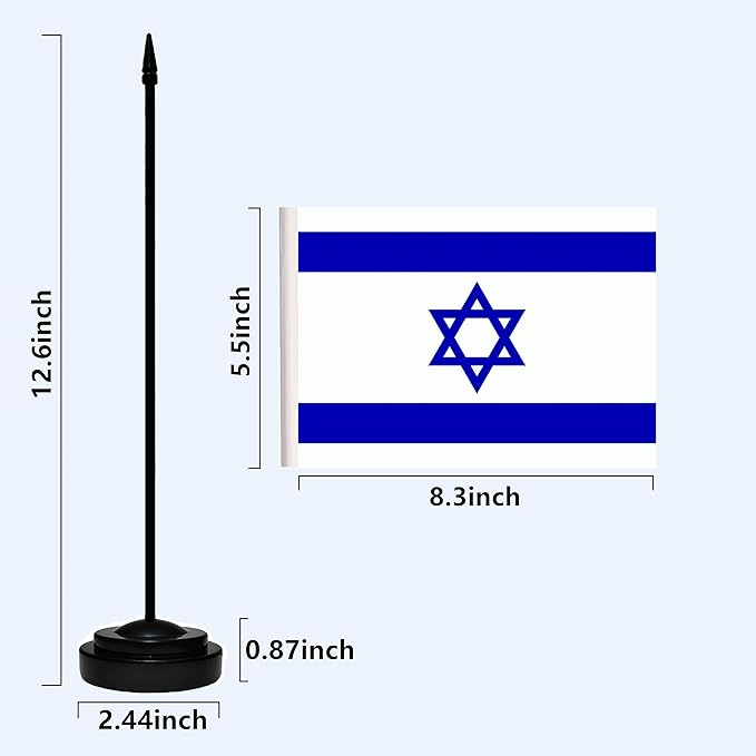 Israel Israeli Deluxe Desk Flag Set Small Mini Miniature Israel Israeli Table Desktop Flags With Solid Pole, Black Base and Spear Top(2 Pack)