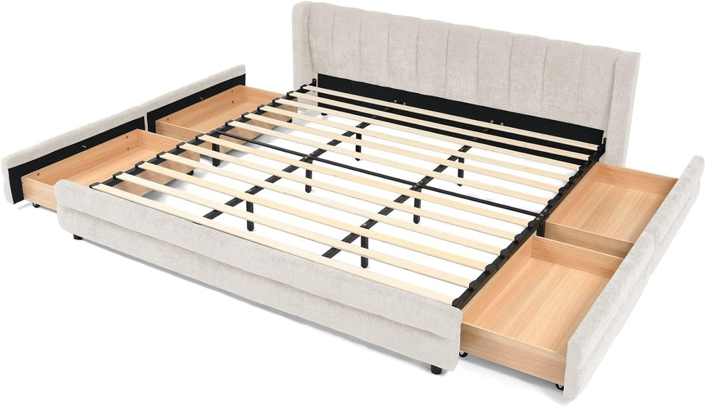 KEIKI Thick Chenille King Bed Frame with 4 Storage Drawer & Upholstered Tufted Cushioned Headboard, Modern Solid Wood Floor Platform Cloud Bed Frame for Bedroom, No Box Spring Needed, Beige