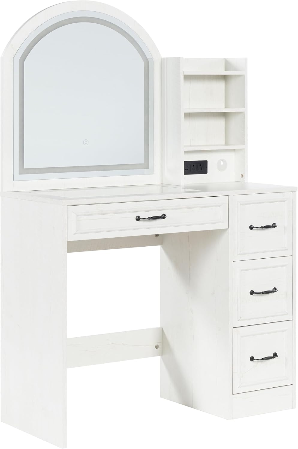 Makeup Vanity Desk with Mirror and Lights 3 Colors, Modern Dressing Table with Transparent Glass Tabletop, 4 Drawers, Power Outlet, Vanity Table for Bedroom, Bathroom